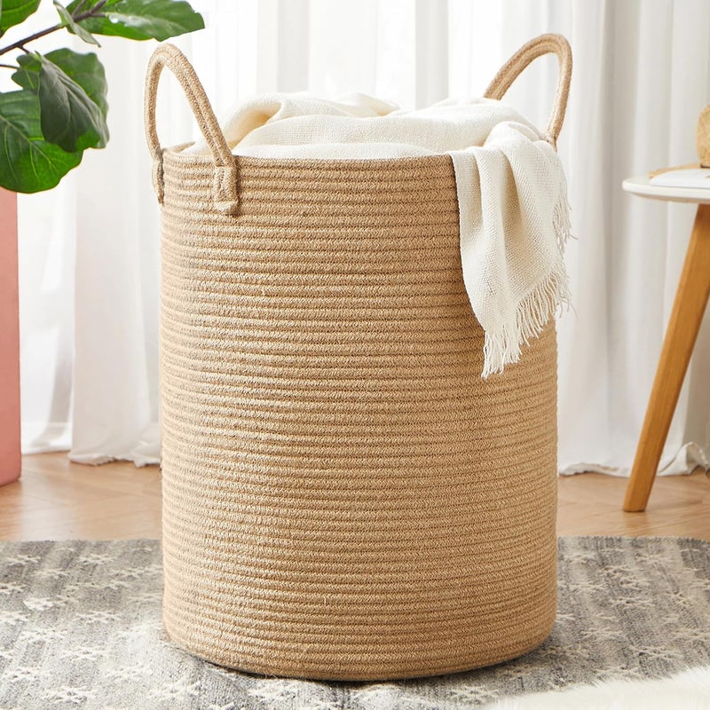 MOJOSCEND 15Dx20H Inches Jute Woven Laundry Hamper Basket Wicker Rope Clothes Hamper Tall Rattan Blanket Basket in Living Room Bedroom 62L Large Capacity - Image 1