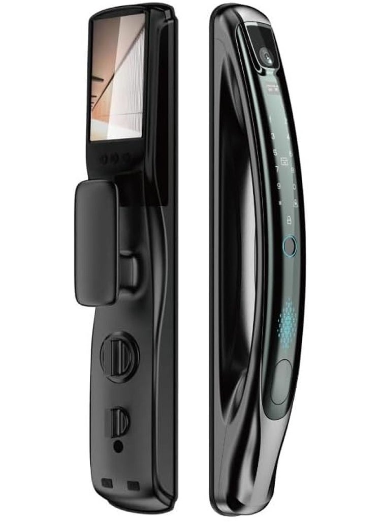 smart door lock with wide camera and the door open by face recognition, fingerprint, mobile application, emergency key and card