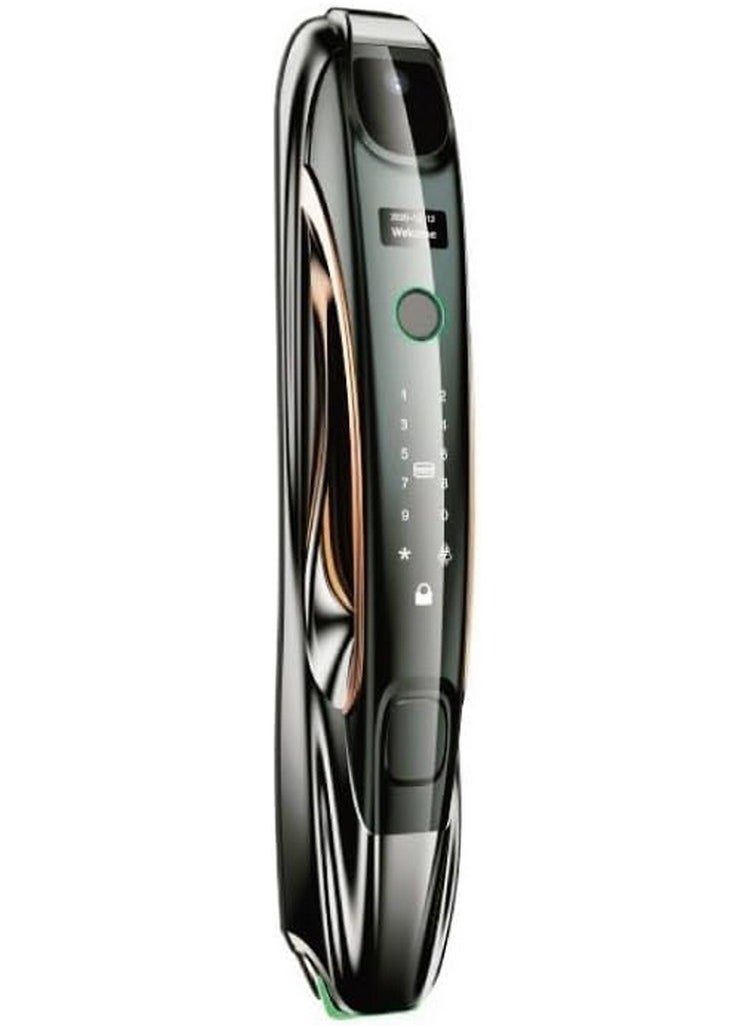 smart door lock with wide camera and the door open by face recognition, fingerprint, mobile application, emergency key and card