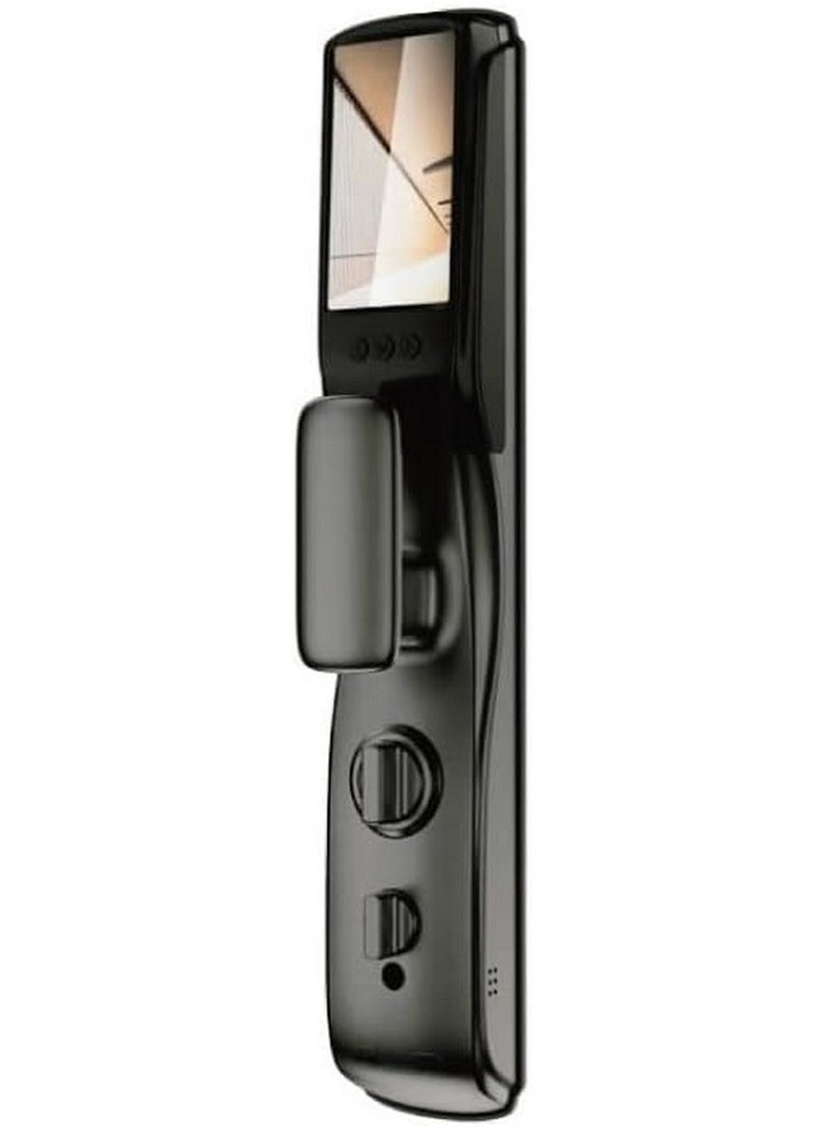 smart door lock with wide camera and the door open by face recognition, fingerprint, mobile application, emergency key and card