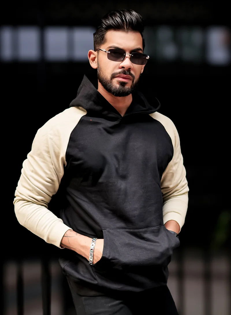 Maniac Maniac Mens Color Block Hooded Neck Raglan Full Sleeve Black Fleece Oversized Sweatshirt
