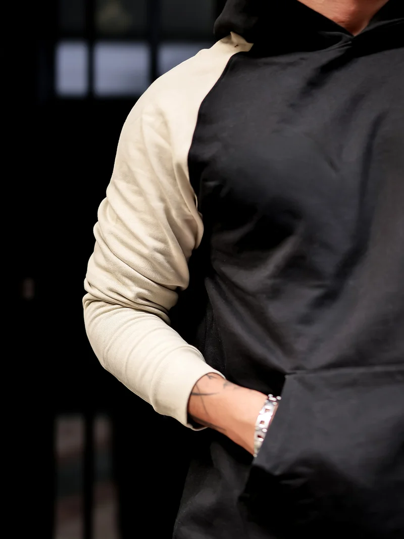 Maniac Maniac Mens Color Block Hooded Neck Raglan Full Sleeve Black Fleece Oversized Sweatshirt