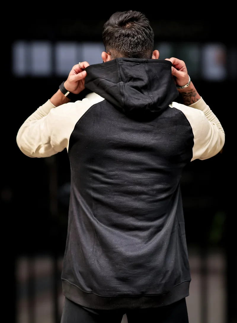 Maniac Maniac Mens Color Block Hooded Neck Raglan Full Sleeve Black Fleece Oversized Sweatshirt