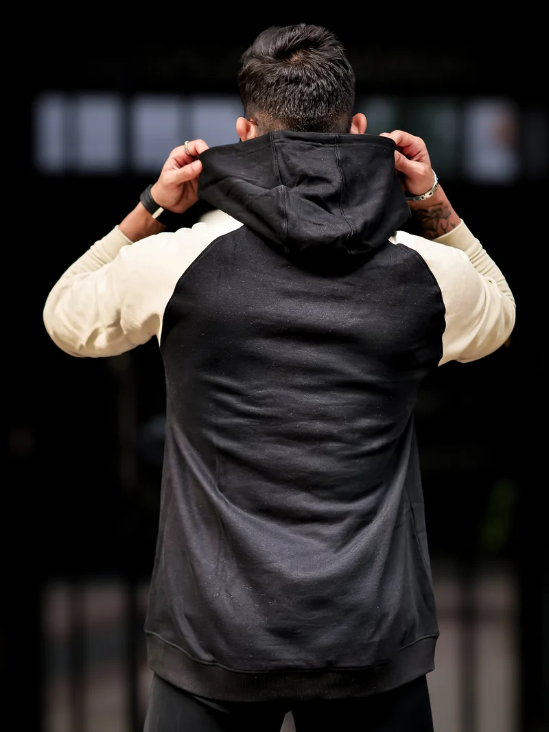 Maniac Maniac Mens Color Block Hooded Neck Raglan Full Sleeve Black Fleece Oversized Sweatshirt