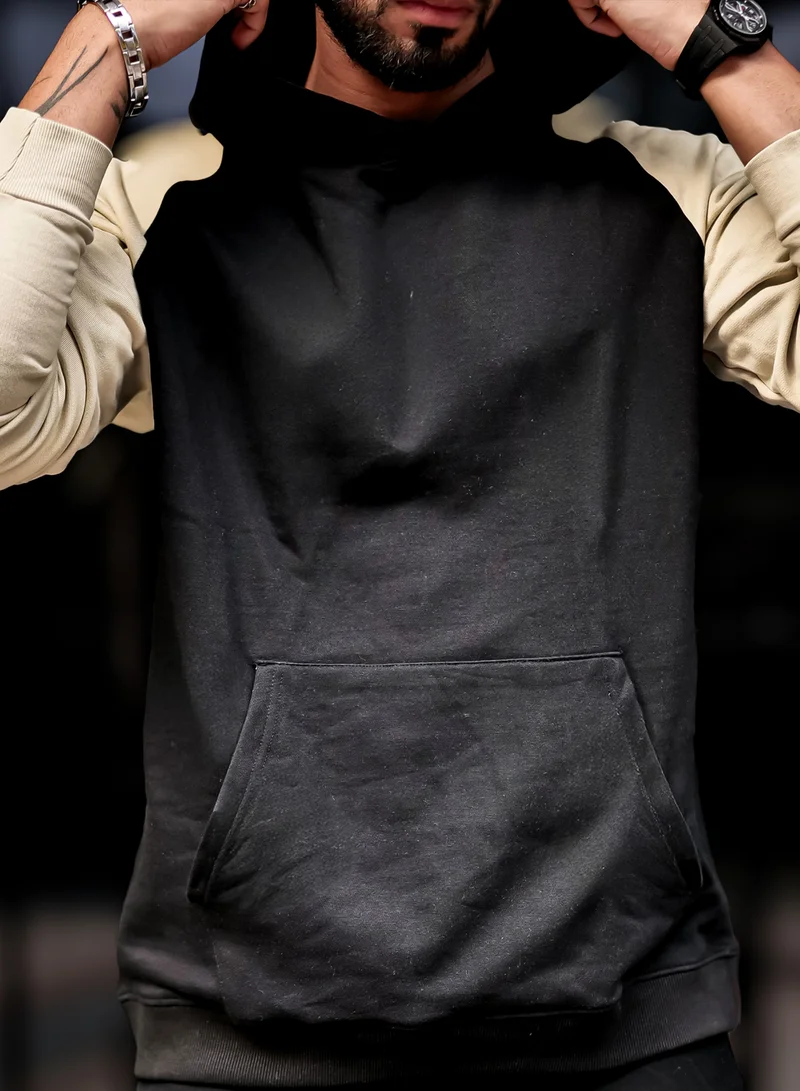 Maniac Maniac Mens Color Block Hooded Neck Raglan Full Sleeve Black Fleece Oversized Sweatshirt