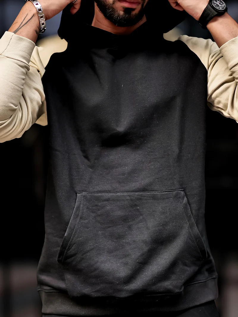 Maniac Maniac Mens Color Block Hooded Neck Raglan Full Sleeve Black Fleece Oversized Sweatshirt