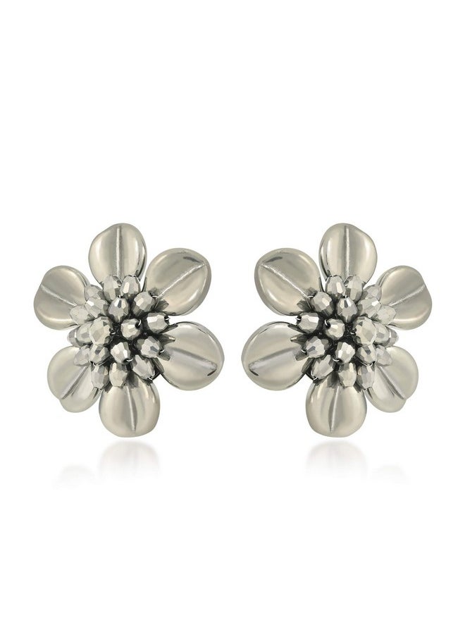 AeraVida Metallic Grey Stone & Crystal Daisy Flower Clip-On Earrings | Sterling Silver Statement Earrings For Spring & Summer Fashion | Tropical Garden Vibe Accessories  - Image 2