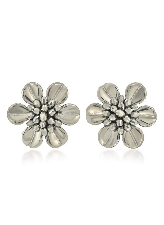 AeraVida Metallic Grey Stone & Crystal Daisy Flower Clip-On Earrings | Sterling Silver Statement Earrings For Spring & Summer Fashion | Tropical Garden Vibe Accessories  - Image 1