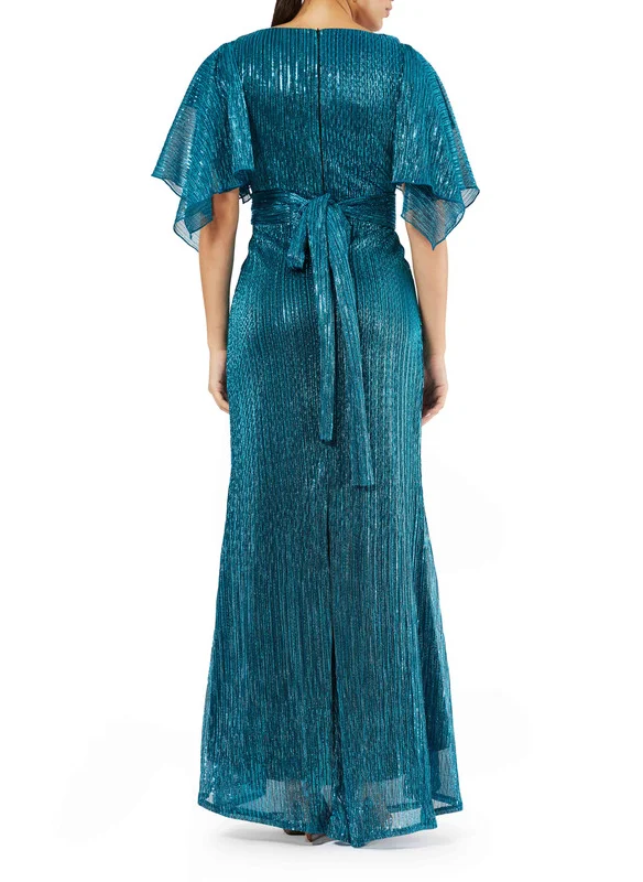 Amri Handkerchief Sleeve Wrap Over Gown in Micro Pleated Metallic Knit