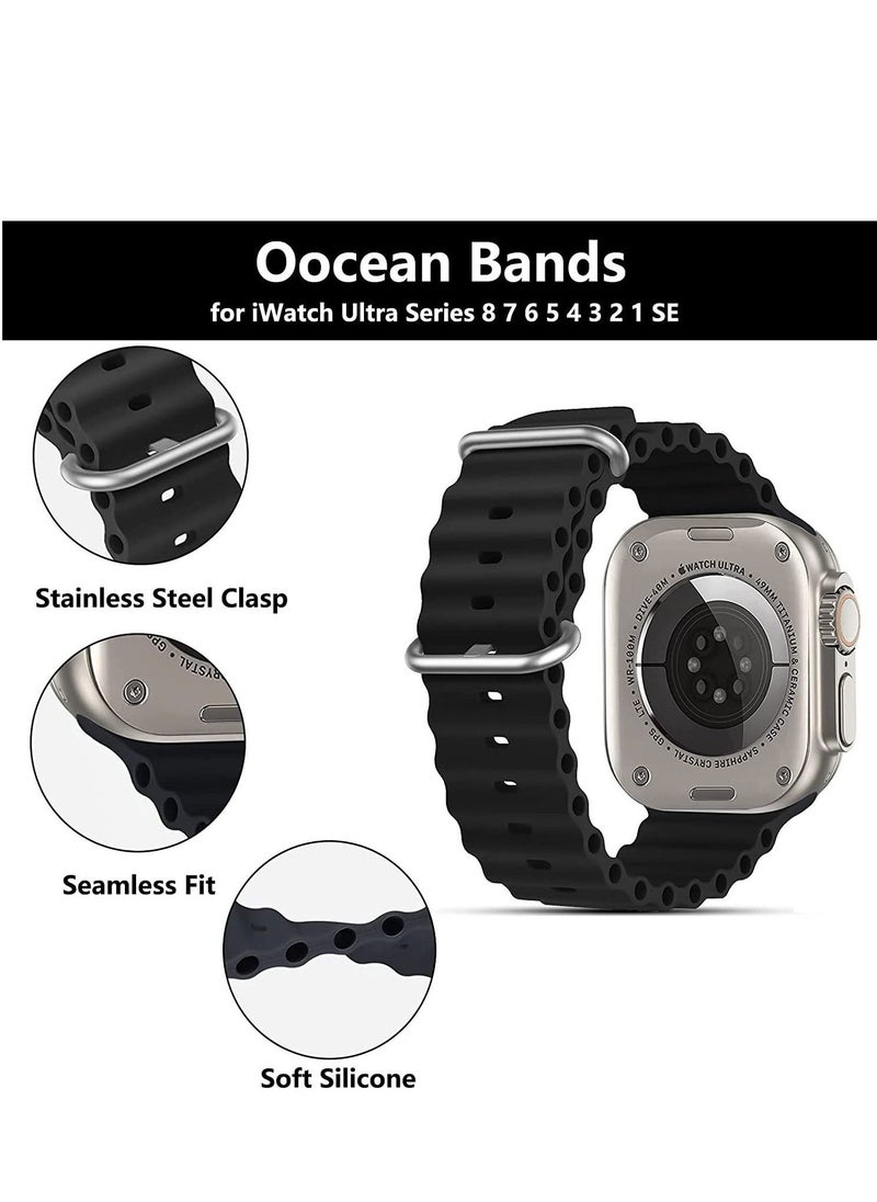 Generic - for Apple Watch Band Strap 42mm 44mm 45mm 49mm Ocean Soft Silicone Wristband Sport Replacement Bands with Adjustable Stainless Steel Buckle for iWatch Ultra Series 8 7 SE 6 5 4 3 2 1（Black） - Image 1