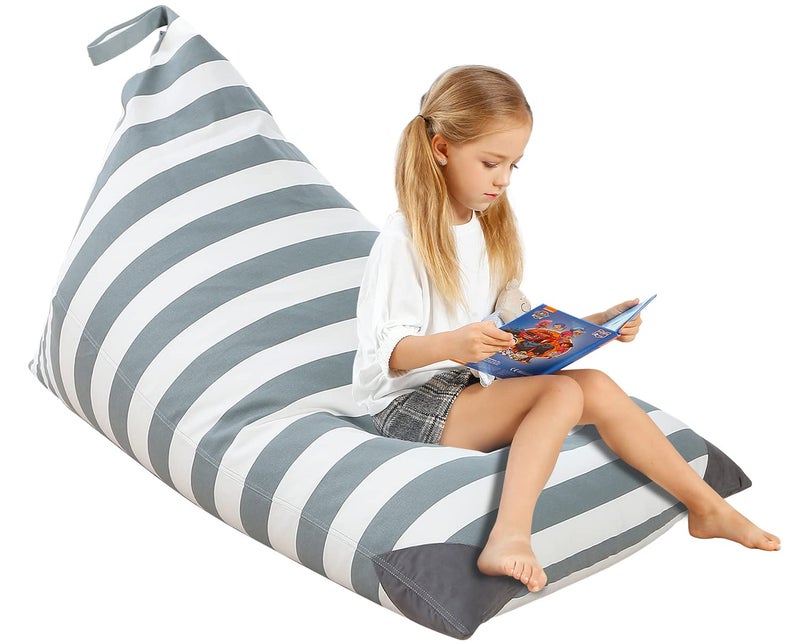 Aubliss Stuffed Animal Storage Bean Bag Chairs Cover 50x 35 Extra Large Bean Bags Chair for Kids Adults Beanbag Toy Storage for Boys Girls  Premium Cotton Canvas Grey Stripe