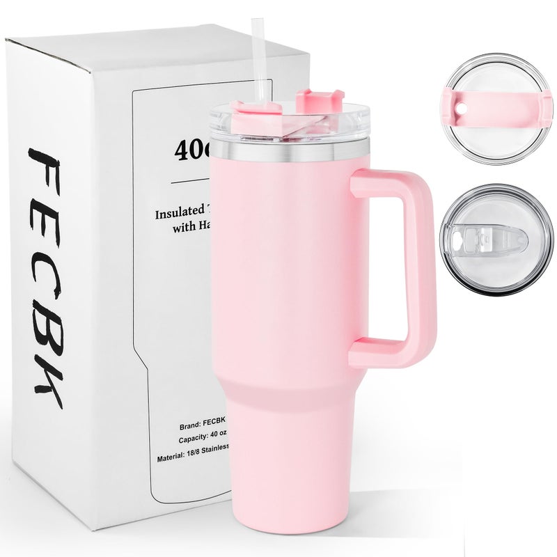 FECBK 40oz Tumbler with Straw and Lid 12L 100 LeakProof Travel Mug with Handle Stainless Steel Vacuum Insulated Water Bottle Keeps Cold for 34H  Hot 12H Dishwasher Safe Light Pink