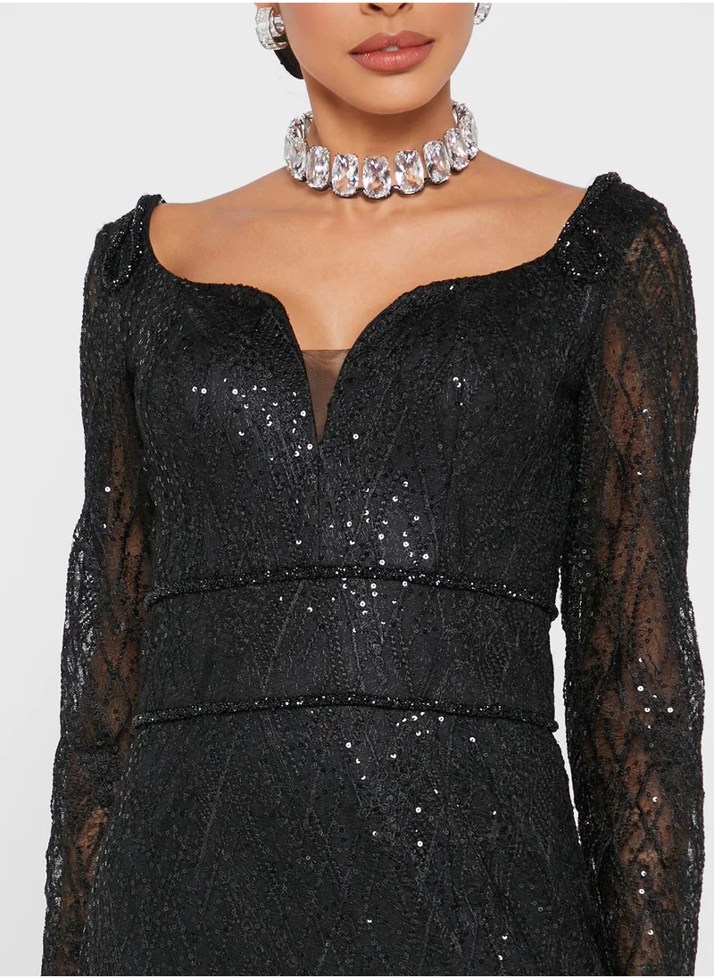 CRYSTAL PURE Plunge Neck Mesh Sleeves Dress