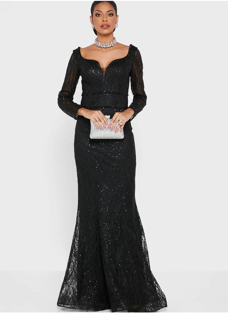 CRYSTAL PURE Plunge Neck Mesh Sleeves Dress