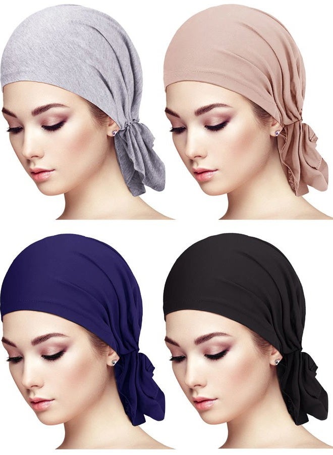 Syhood 4 Pieces Slip-On Pre-Tied Head Scarves Women Headwear Turban Beanie Caps Head Wrap Headscarf for Women Girls (Grey, Camel, Navy Blue, Black) - Image 1