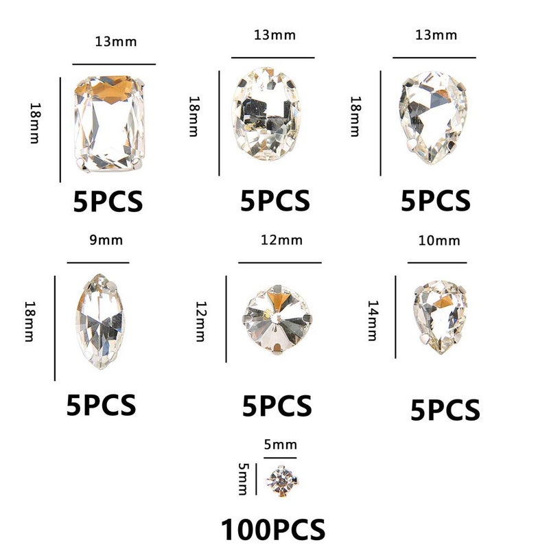 Choupee Clear Sew On Rhinestones, Choupee 130PCS Sew On Rhinestone Metal Back Prong Setting Sewing Claw Rhinestone Mixed Shapes Sew On Glass Gems for Jewelry, Clothes, Costume, Shoes,Dress, Garments - Image 2