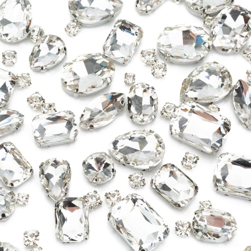 Choupee Clear Sew On Rhinestones, Choupee 130PCS Sew On Rhinestone Metal Back Prong Setting Sewing Claw Rhinestone Mixed Shapes Sew On Glass Gems for Jewelry, Clothes, Costume, Shoes,Dress, Garments - Image 1