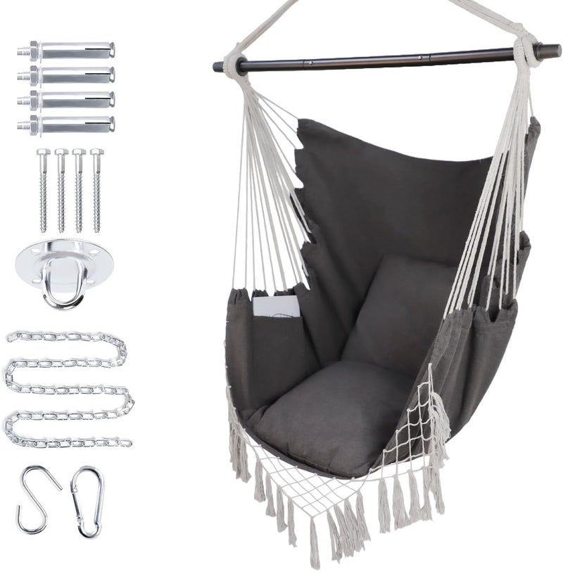 PIRNY Hammock Chair Hanging Rope Swing Chair,Max 500 Lbs, Large Hanging Chair with Pocket, 2 Cushions, Removable Steel Bar, Hardware Kit Included, Superior Comfort for Indoor Outdoor (Dark Grey) - Image 1