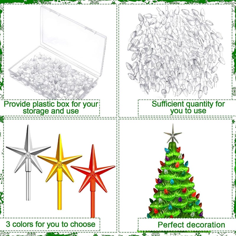 Riakrum 216 Pcs Christmas Tree Ceramic Lights Bulbs Plastic Flame Shape Small Twist Style Ceramic Tree Replacement Bulbs Colored Star Ornaments Topper Stars for Xmas Accessories - Image 4