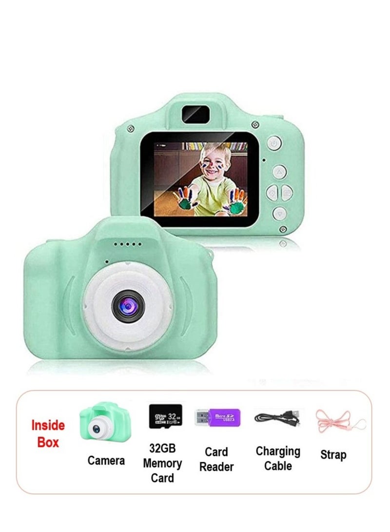 Toy Digital Camera for Kids With 32 GB Memory Card And Card Reader (Green), Gifts for Child Boys Girls, Mini Rechargeable, Shockproof Silicon Digital Camera for Kids  - Image 1