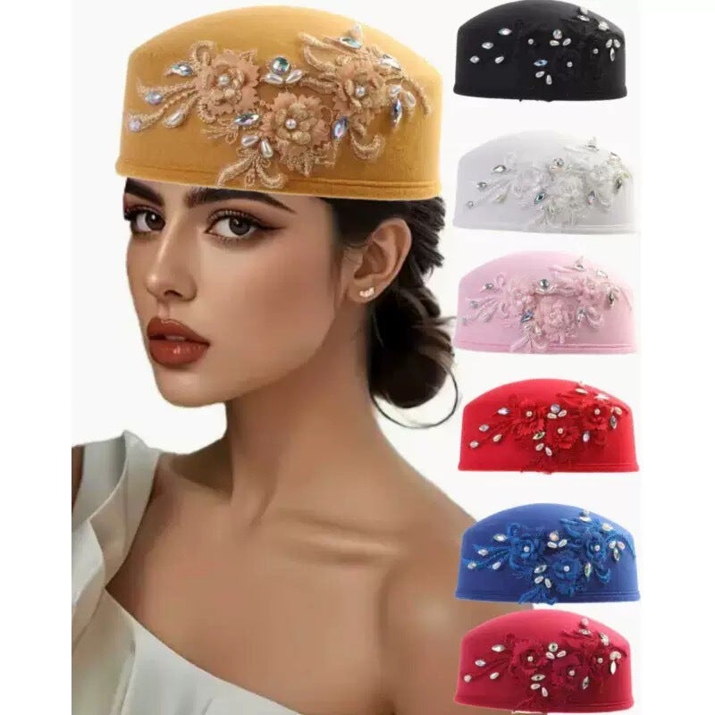 Nigerian Wedding Cap Adjustable Handmade Floral Turban Hat - Image 2