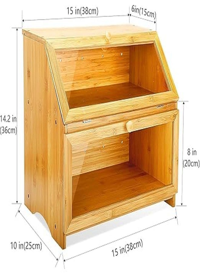 FEELING MALL Double Layer Bamboo Bread Box with Transparent Window | Wooden Large Capacity Bread Storage Bin Container Farmhouse Bread Box with Window Bread Holder - Image 2