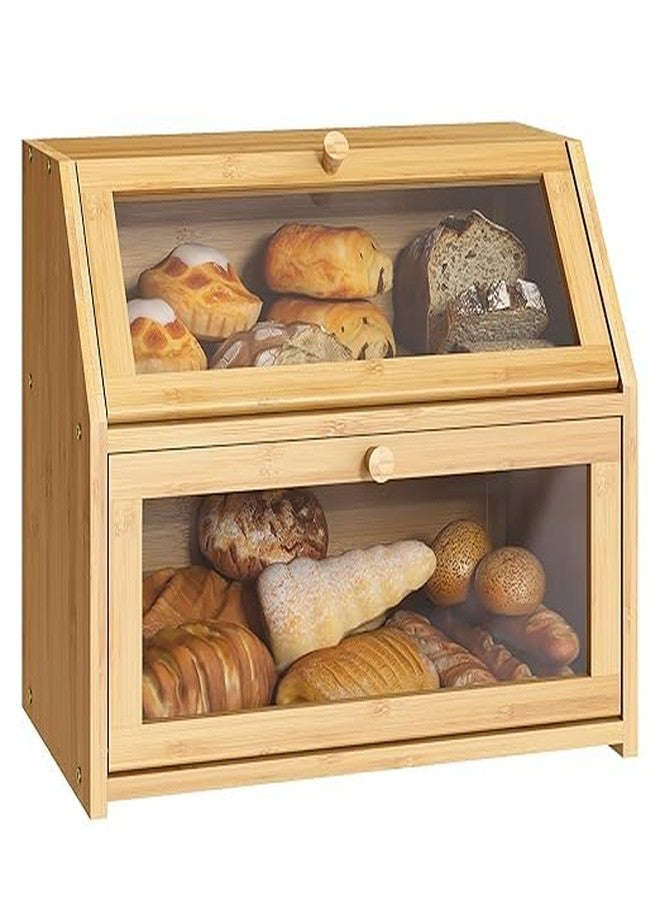 FEELING MALL Double Layer Bamboo Bread Box with Transparent Window | Wooden Large Capacity Bread Storage Bin Container Farmhouse Bread Box with Window Bread Holder - Image 1