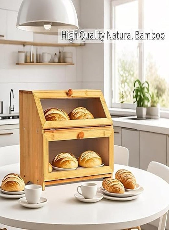 FEELING MALL Double Layer Bamboo Bread Box with Transparent Window | Wooden Large Capacity Bread Storage Bin Container Farmhouse Bread Box with Window Bread Holder - Image 3