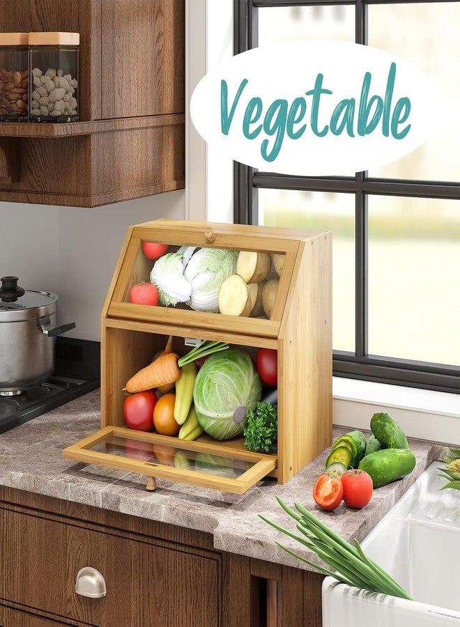 FEELING MALL Double Layer Bamboo Bread Box with Transparent Window | Wooden Large Capacity Bread Storage Bin Container Farmhouse Bread Box with Window Bread Holder - Image 4