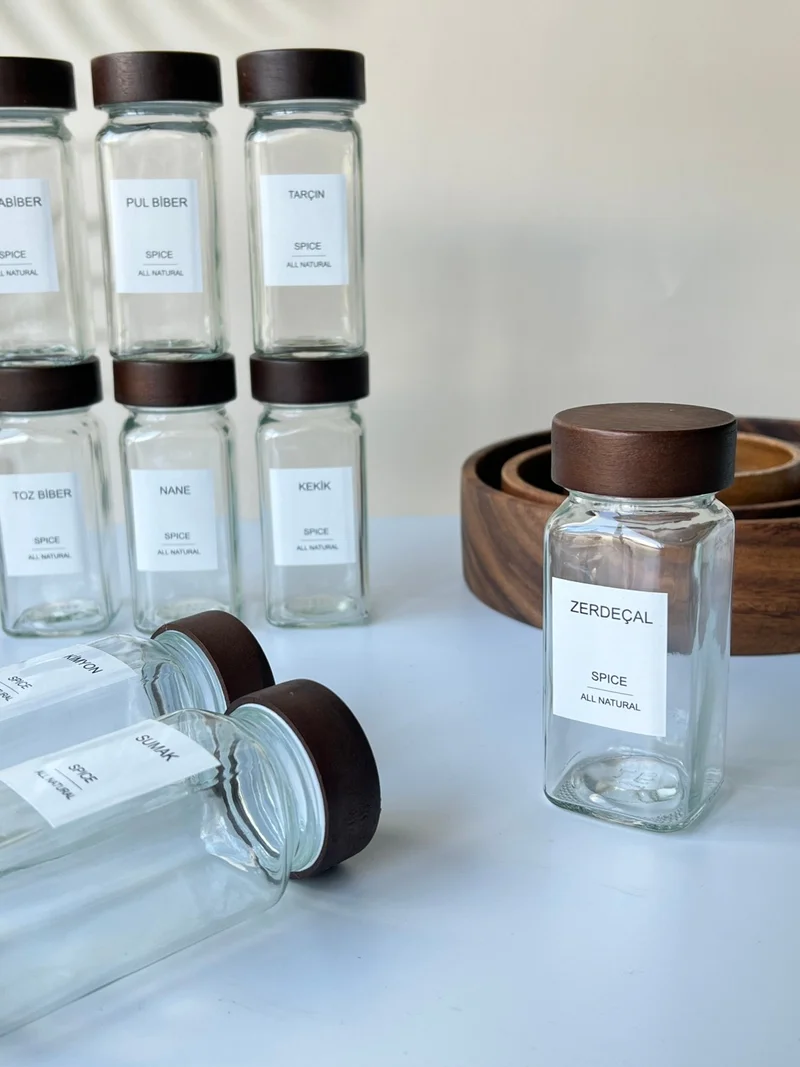 موتوجو 12 Piece Acacia Lid Glass Spice Jar Set + 16 Pcs LABEL-120ML