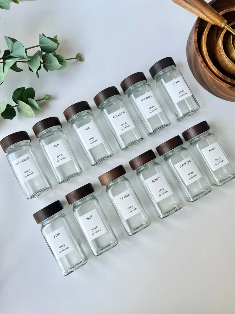 موتوجو 12 Piece Acacia Lid Glass Spice Jar Set + 16 Pcs LABEL-120ML