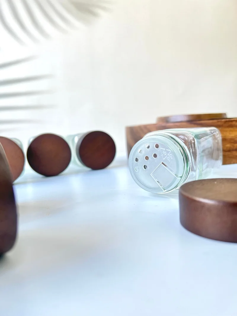 موتوجو 12 Piece Acacia Lid Glass Spice Jar Set + 16 Pcs LABEL-120ML