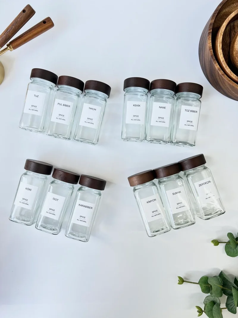 موتوجو 12 Piece Acacia Lid Glass Spice Jar Set + 16 Pcs LABEL-120ML
