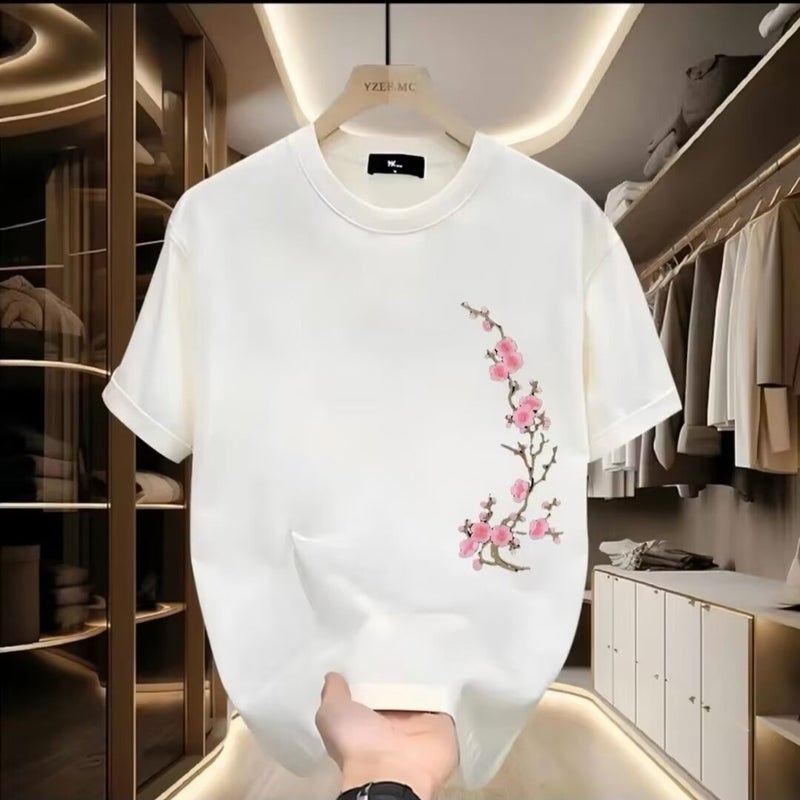 National Fashion Chinese Style Fashion Brand Loose Plum Blossom Printed Short-Sleeved T-Shirt Men'S Couple Summer Half-Sleeved T-Shirt - Image 3