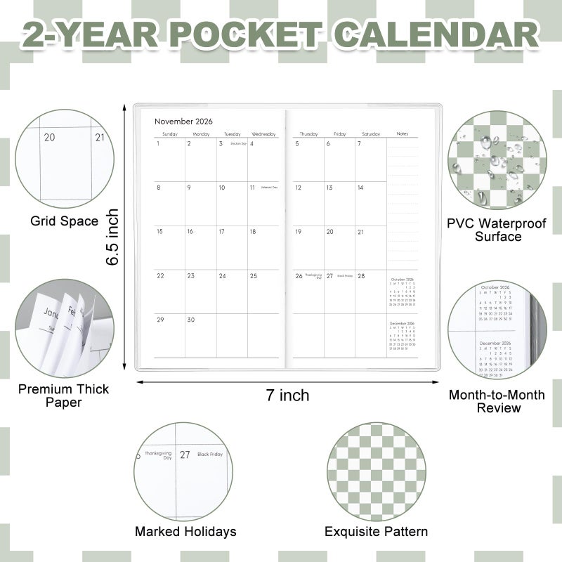 ReliThick 2026-2027 Pocket Calendar for Purse Small Monthly Planner for Women Sage Green Handy Weekly Pocket Planner Journal Notebook Christmas New Year Gift Sister Friends Women - Image 2