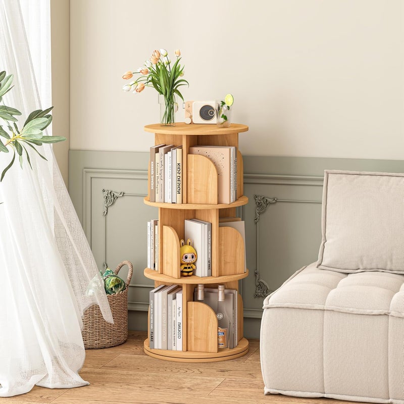 JANTENS Round Rotating Bookshelf,360° Spinning Bookcase Organizer,3 Shelves Corner Standing Display Rack for Home Office, Tall Narrow Bookcase for Small Spaces, Bedroom, Kids Room (Beige, 96 * 46 * 46cm) - Image 5