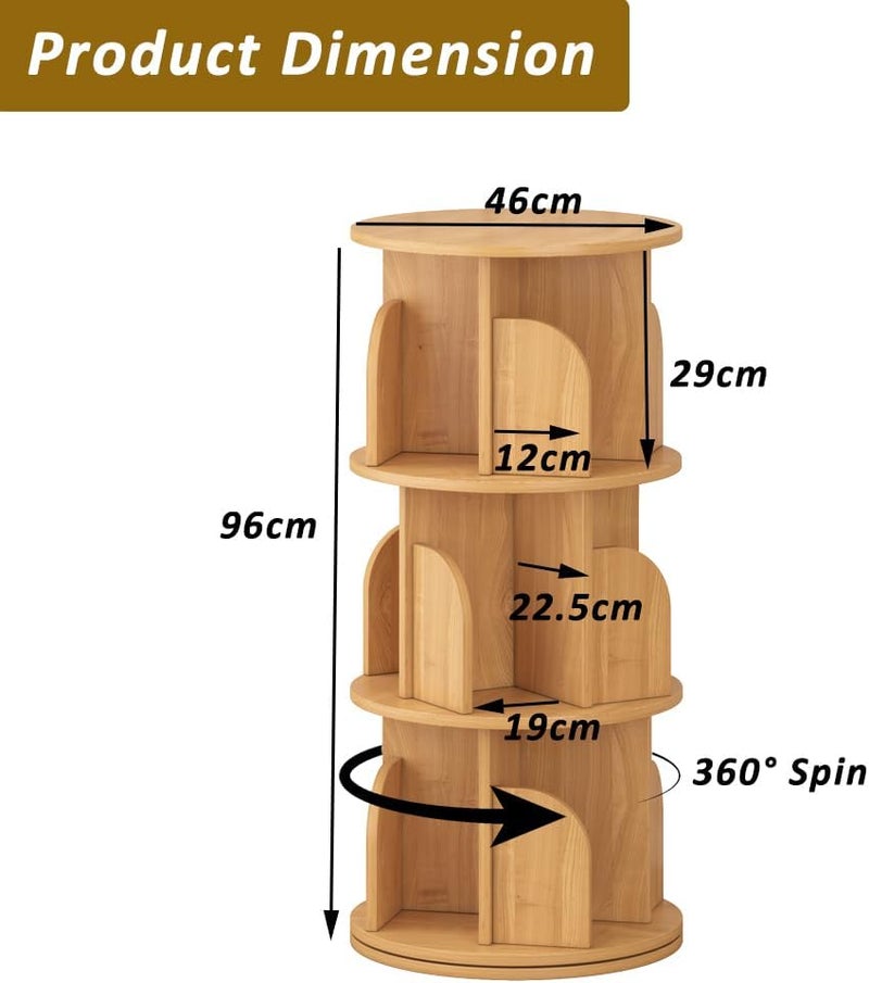 JANTENS Round Rotating Bookshelf,360° Spinning Bookcase Organizer,3 Shelves Corner Standing Display Rack for Home Office, Tall Narrow Bookcase for Small Spaces, Bedroom, Kids Room (Beige, 96 * 46 * 46cm) - Image 2