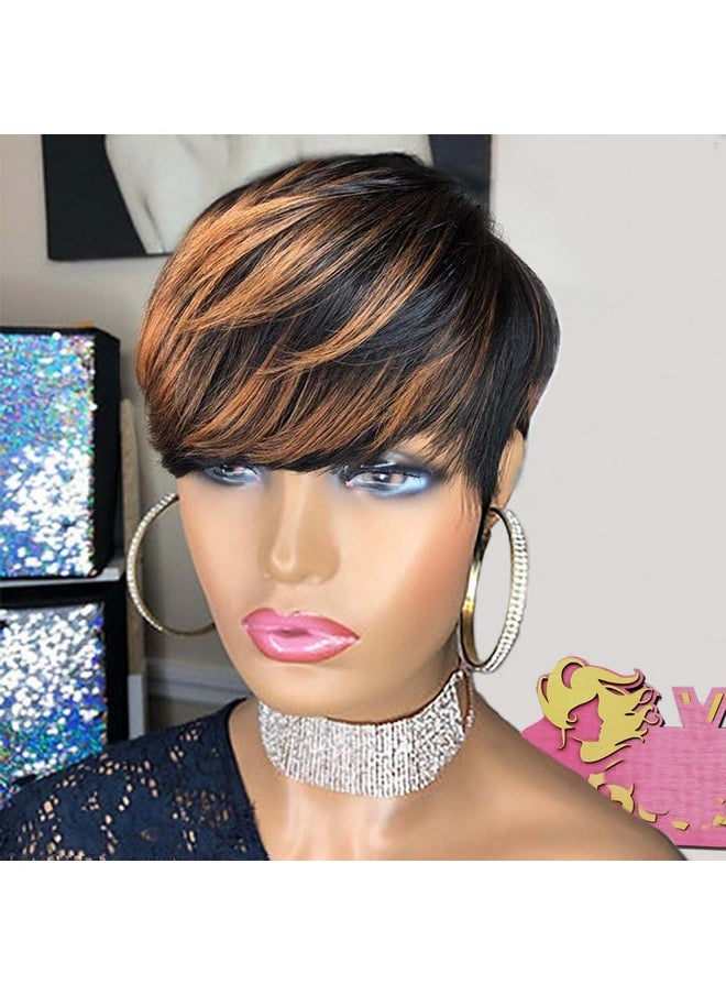 في أر زد باروكة شعر بشري قصيرة بقصّة Pixie للنساء ذوات البشرة السمراء باروكة شعر بشري قصيرة بقصّة Pixie مموجة بطبقات باللون الأسود مع اللون البني F1B/33 بدون غراء  - Image 1