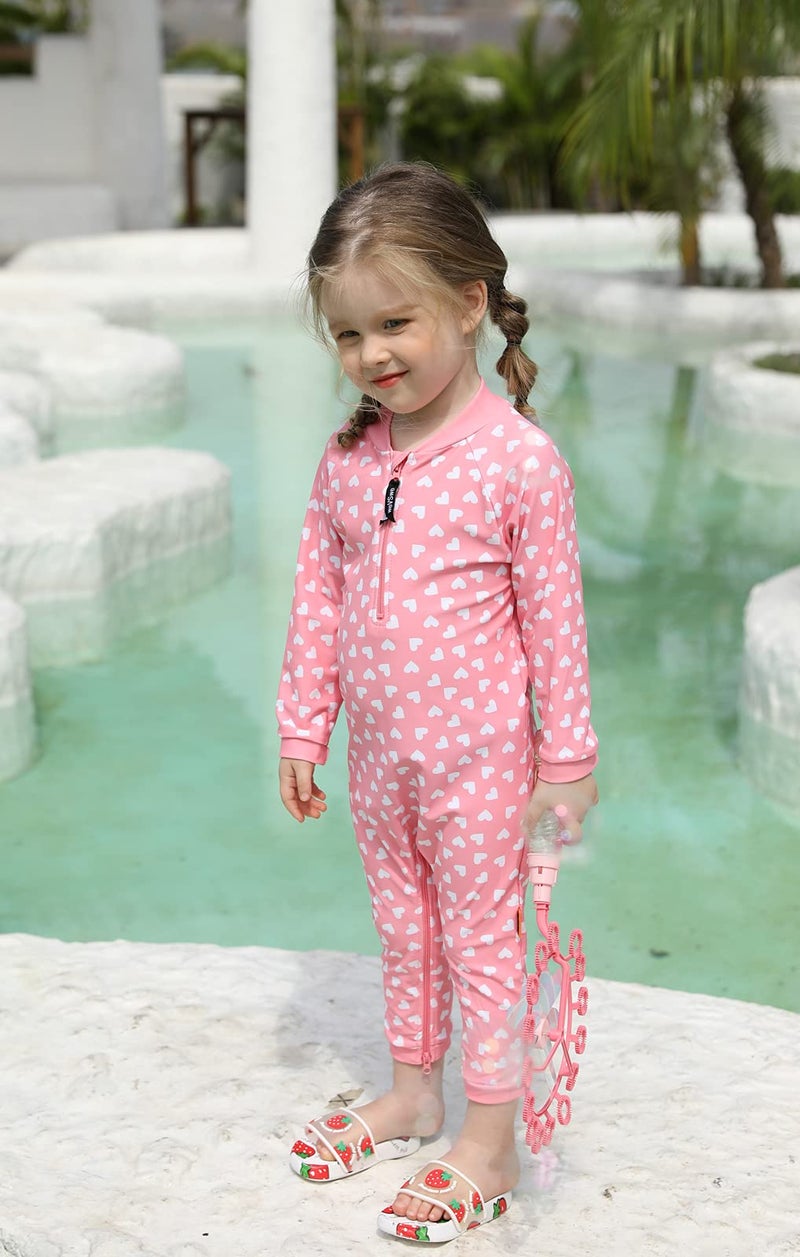 weVSwe Baby Toddler Sun Protection Rash Guard One Piece Pink Heart Girls Swimsuit Crotch Zipper for Easy Diaper Changes 6-12M - Image 4