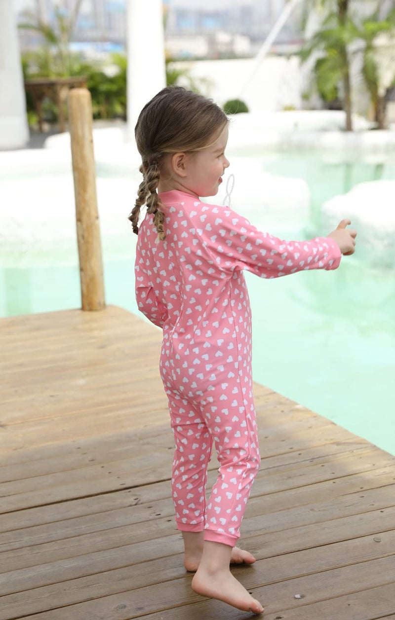 weVSwe Baby Toddler Sun Protection Rash Guard One Piece Pink Heart Girls Swimsuit Crotch Zipper for Easy Diaper Changes 6-12M - Image 5