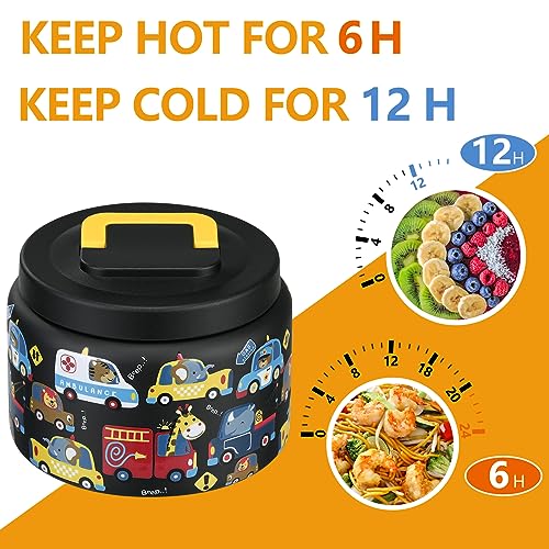 PIQUEBAR 8oz Kids Thermo for Hot Food,Small Lunch Thermos Food Container Stainless Steel,Easy Open Wide Mouth Thermo for Hot Cold Food for Preschool Travel (Black Animal Truck) - Image 3