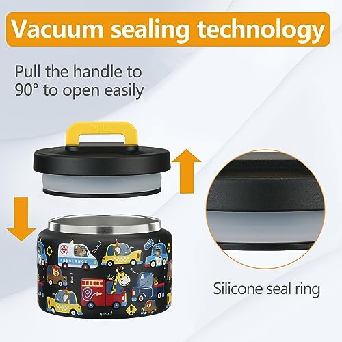 PIQUEBAR 8oz Kids Thermo for Hot Food,Small Lunch Thermos Food Container Stainless Steel,Easy Open Wide Mouth Thermo for Hot Cold Food for Preschool Travel (Black Animal Truck) - Image 5