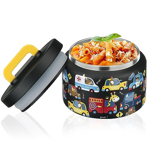 PIQUEBAR 8oz Kids Thermo for Hot Food,Small Lunch Thermos Food Container Stainless Steel,Easy Open Wide Mouth Thermo for Hot Cold Food for Preschool Travel (Black Animal Truck) - Image 1