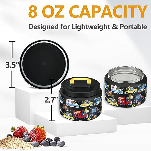 PIQUEBAR 8oz Kids Thermo for Hot Food,Small Lunch Thermos Food Container Stainless Steel,Easy Open Wide Mouth Thermo for Hot Cold Food for Preschool Travel (Black Animal Truck) - Image 2