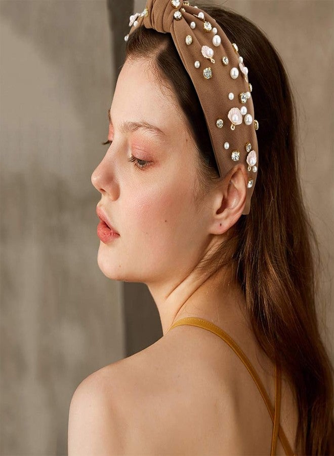 AOPRIE Pearl Headbands for Women Top Knotted Headbands for Girls Hair Bands for Women's Hair Solid Color Turban Wide Headbands for Women Brown, 1 Pack - Image 4