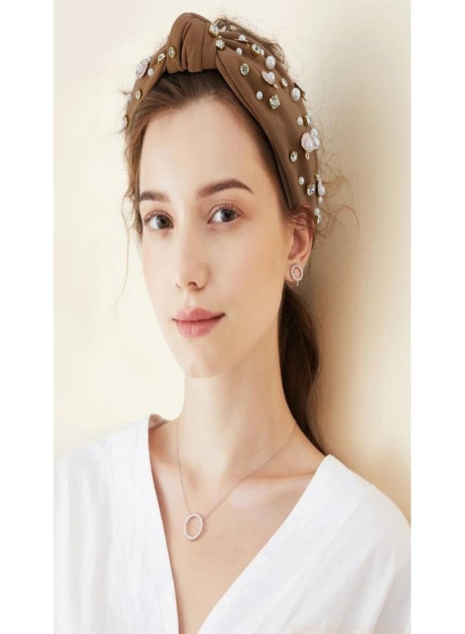 AOPRIE Pearl Headbands for Women Top Knotted Headbands for Girls Hair Bands for Women's Hair Solid Color Turban Wide Headbands for Women Brown, 1 Pack - Image 5