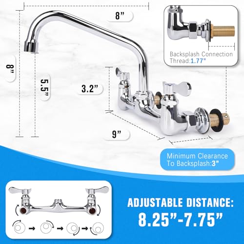 Bietor Wall Mount Kitchen Faucet 8 Center Commercial Sink Faucet with 8 Swivel Spout Dual Handles Brass Utility Sink Faucet for Laundry Room Restaurant Polish Chrome - Image 3
