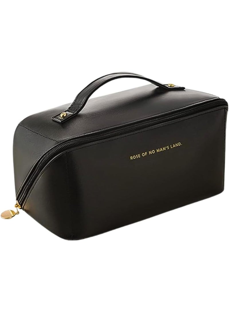 شنطة مستحضرات تجميل للسفر من الجلد عالي الجودة بسعة كبيرة مكياج متعددة الاستخدامات جلد صناعي مقاومة للماء مع مقبض ومقسم للنساء أسود - Image 1