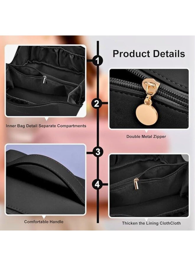 شنطة مستحضرات تجميل للسفر من الجلد عالي الجودة بسعة كبيرة مكياج متعددة الاستخدامات جلد صناعي مقاومة للماء مع مقبض ومقسم للنساء أسود - Image 3
