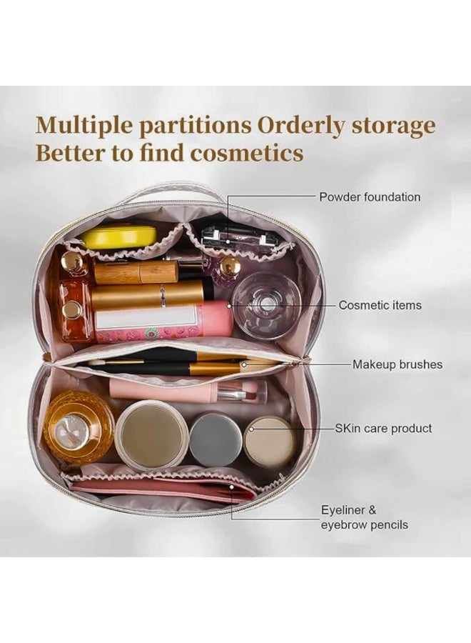 شنطة مستحضرات تجميل للسفر من الجلد عالي الجودة بسعة كبيرة مكياج متعددة الاستخدامات جلد صناعي مقاومة للماء مع مقبض ومقسم للنساء أسود - Image 4